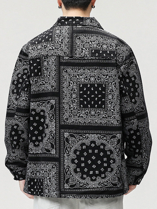Men's Denim Hip-Hop Paisley Bandana Print Turn-Down Collar Button-Up Jean Jacket