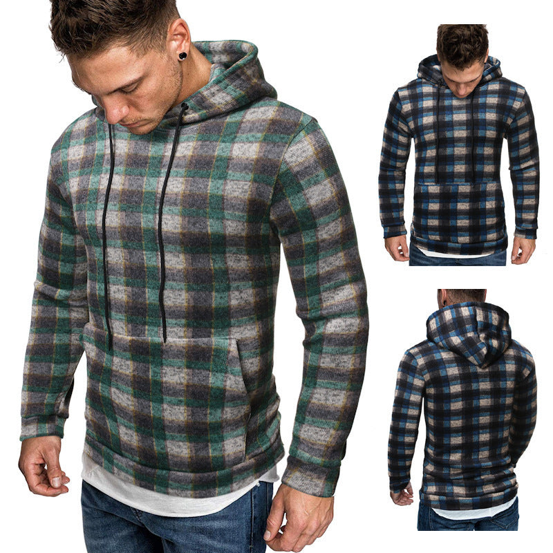 Men's Plaid Colorblock Checkered Print Cotton Hip-Hop Hoodie Sweatshirt