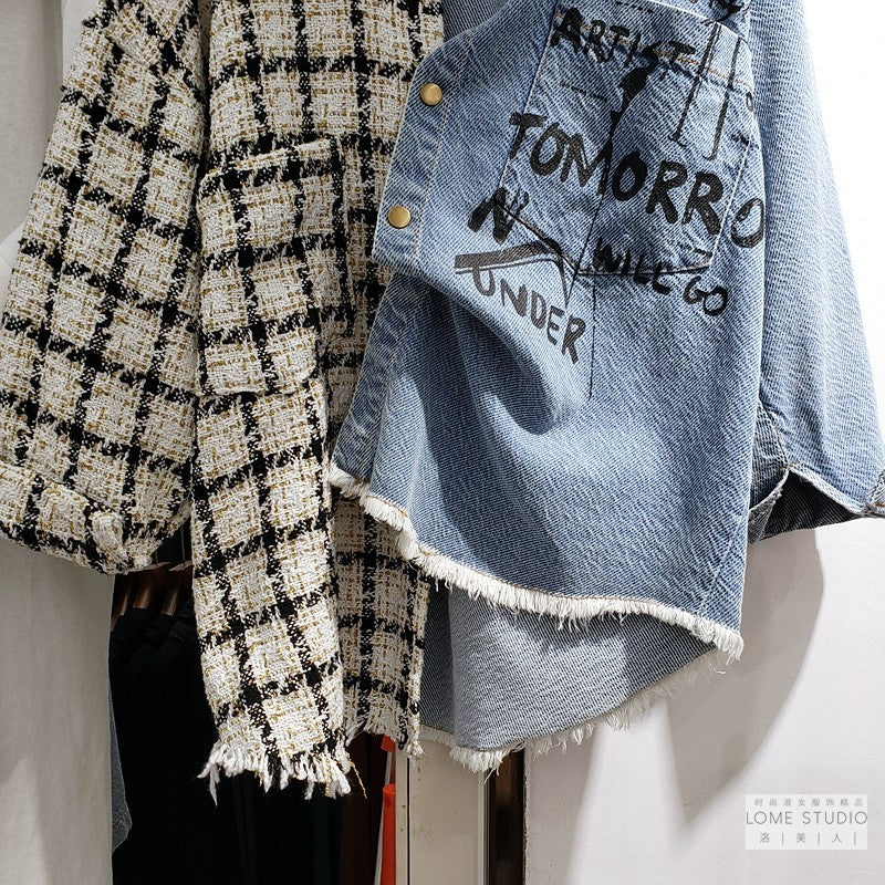 Denim Irregular Plaid Graffiti Print Patchwork Contrast Loose Women's Turn-Down Collar Jean Shirt