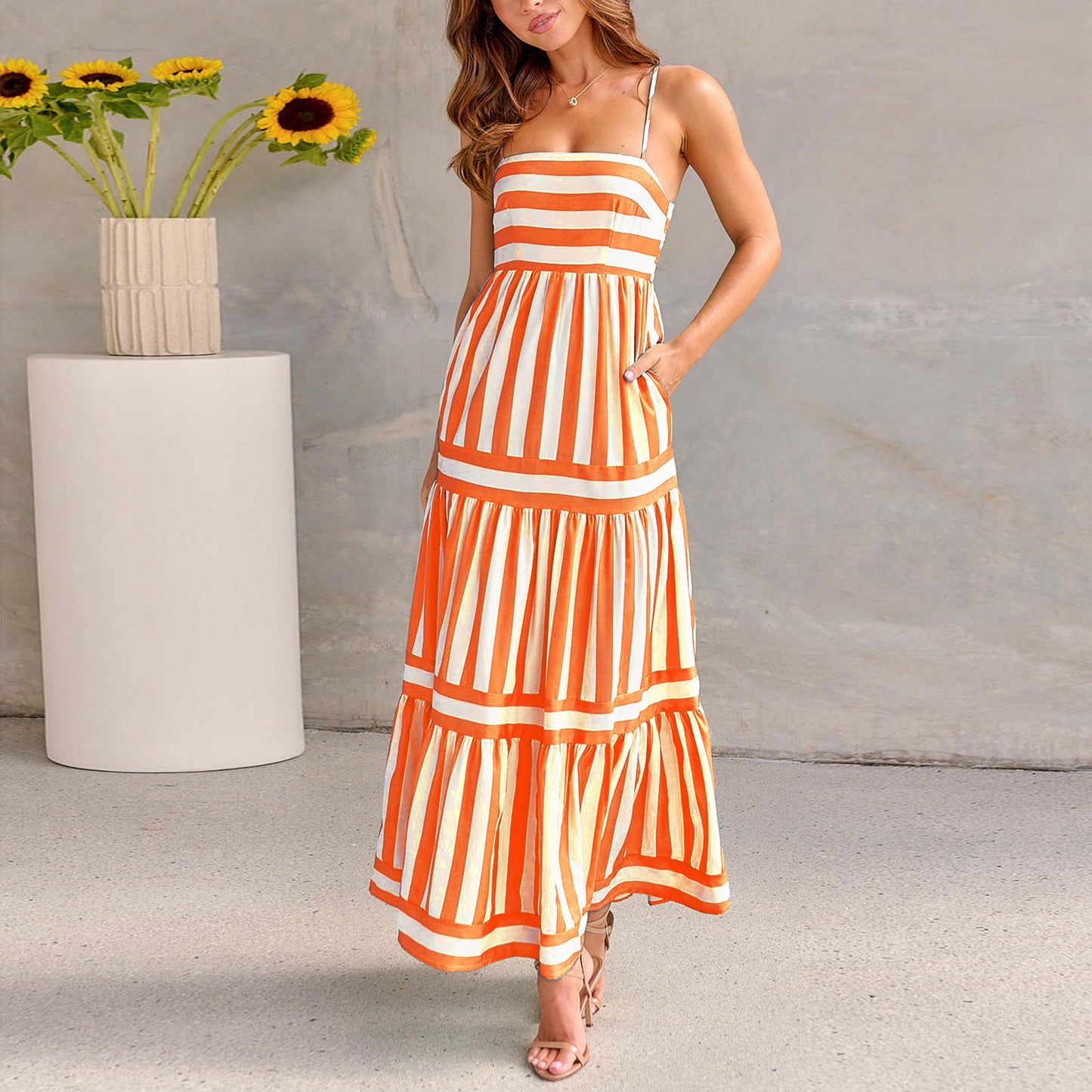 Striped Print Spaghetti Strap Square Neck Backless Maxi Tiered Beach Dress