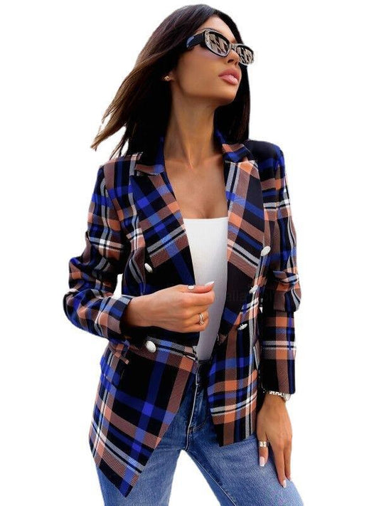 Plaid Geometric Print Gold Button Detail Long Sleeve Double Breasted Print Women's Blazer Jacket to 3X Plus Size