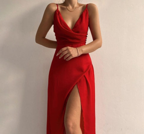 Sleeveless V-Neck Solid Color High Slit Sling Maxi Dress