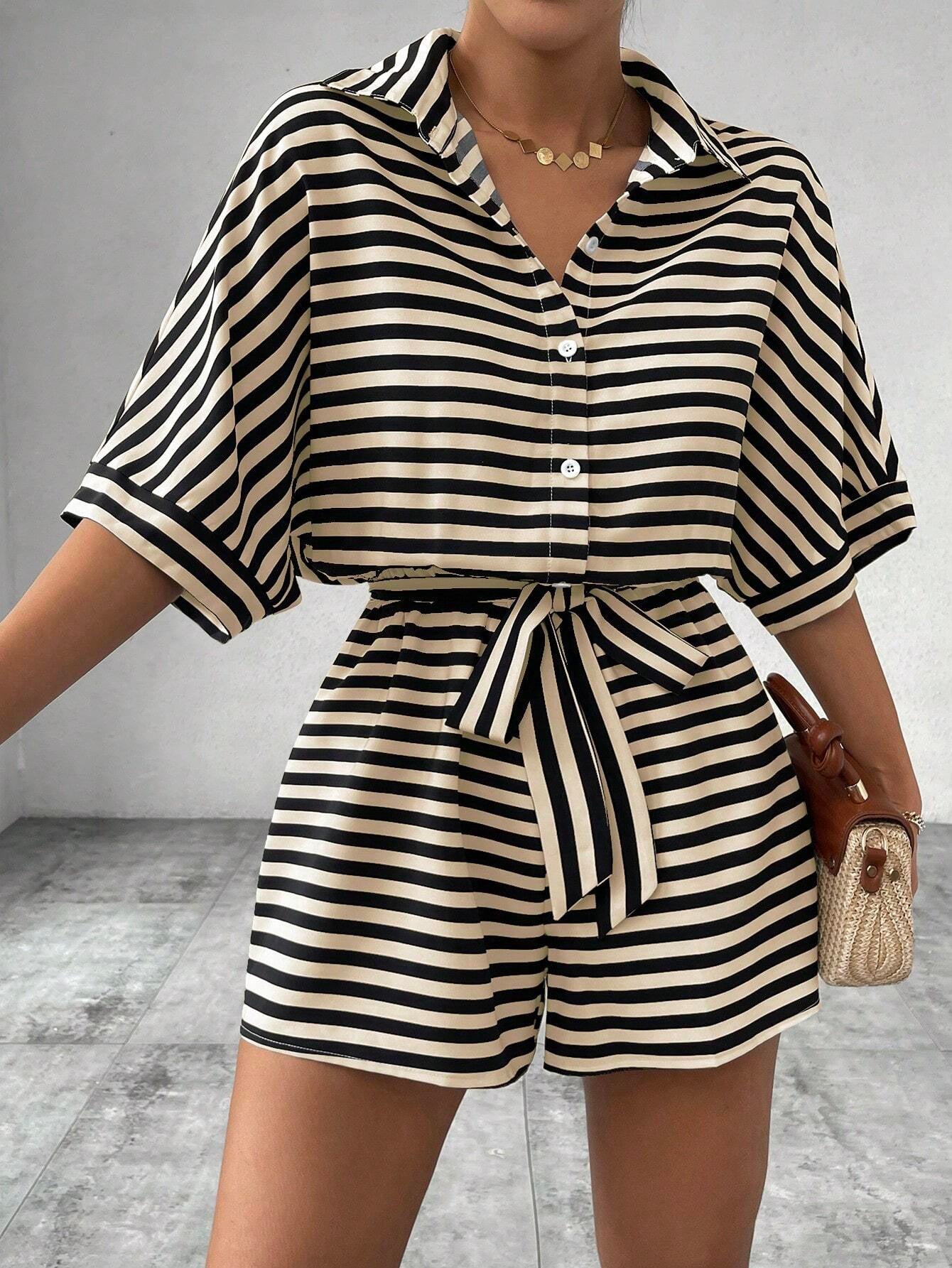 Striped Turn-Down Collar Button 1/2 Sleeve Sash Belted Women's Shorts Romper