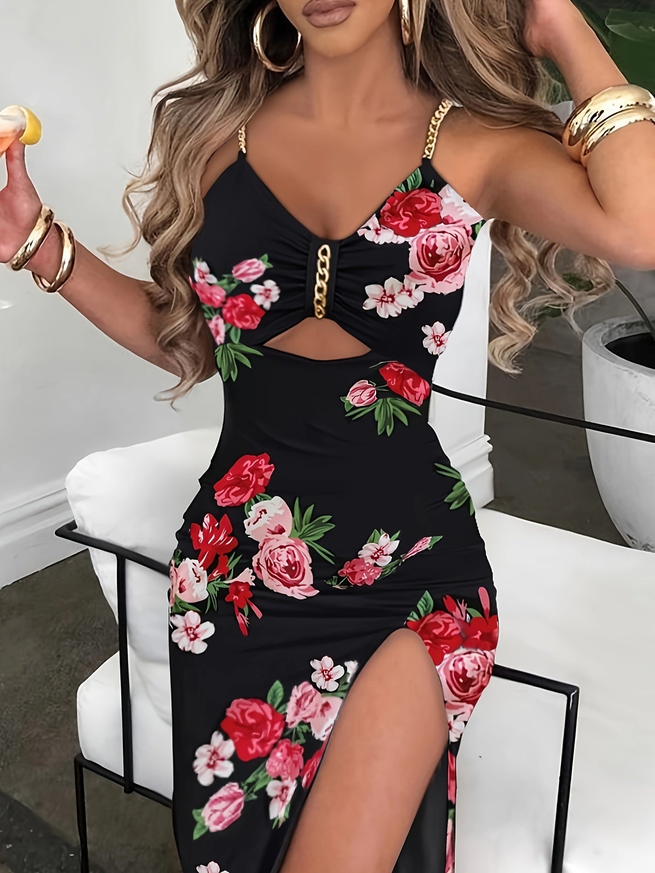 Flower Print Gold Chain Spaghetti Strap Sexy Cut-Out Sleeveless Bodycon High Slit Maxi Dress