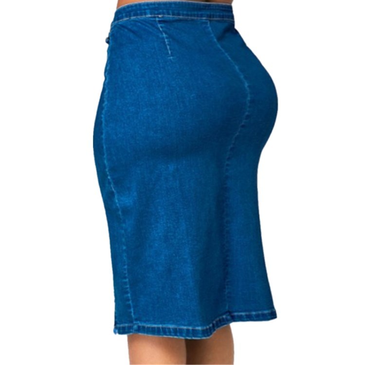 Blue Denim Button-Up Design High Slit Midi Jean Skirt to 4X Plus Size