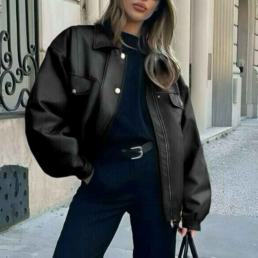 PU Leather Double Pocket Button-Up Design Turn-Down Collar Women's Loose Biker Motorcycle Jacket