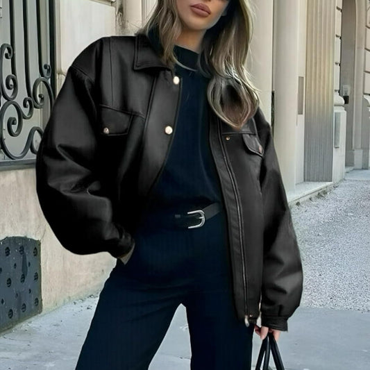 PU Leather Double Pocket Button-Up Design Turn-Down Collar Women's Loose Biker Motorcycle Jacket