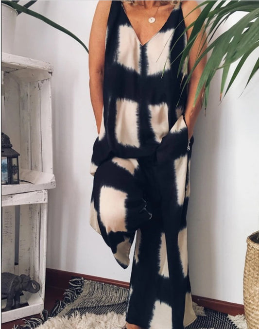 Sleeveless Colorblock Geometric Print Cotton Hemp V-Neck Pocketed Women's Jumpsuit to 3X Plus Size