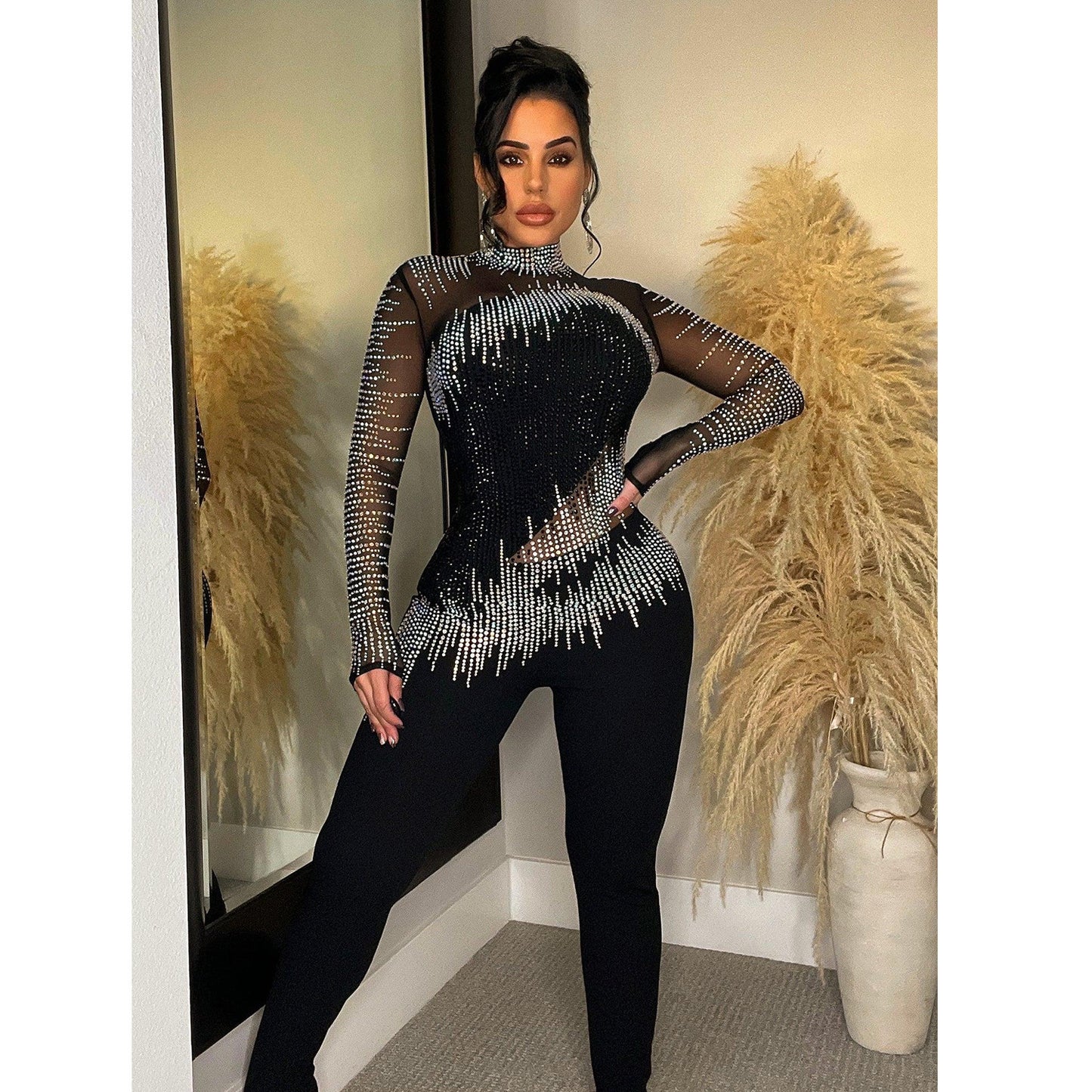 Black/Silver Metallic Mesh Sheer Rhinestone Long Sleeve Diagnol Hem Women's Formal Party Jumpsuit