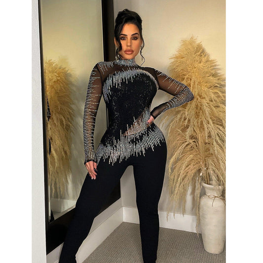 Black/Silver Metallic Mesh Sheer Rhinestone Long Sleeve Diagnol Hem Women's Formal Party Jumpsuit