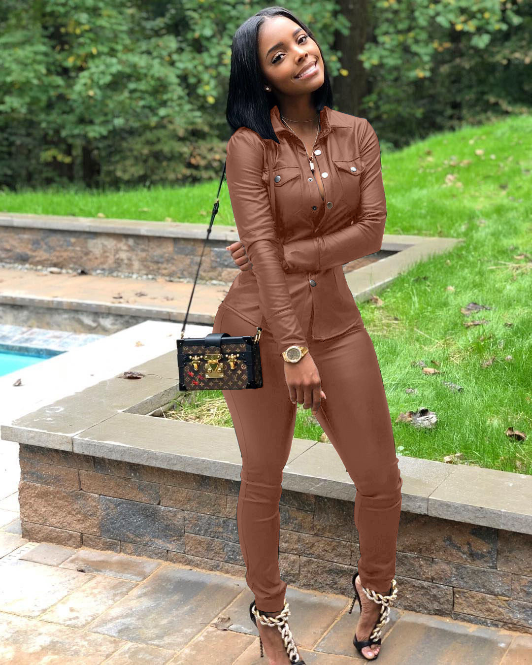 PU Leather Double Pocket Design Women's Solid Color Long Sleeve Button-Up Blouse + Skinny Pants 2-Piece Set to 3X Plus Size