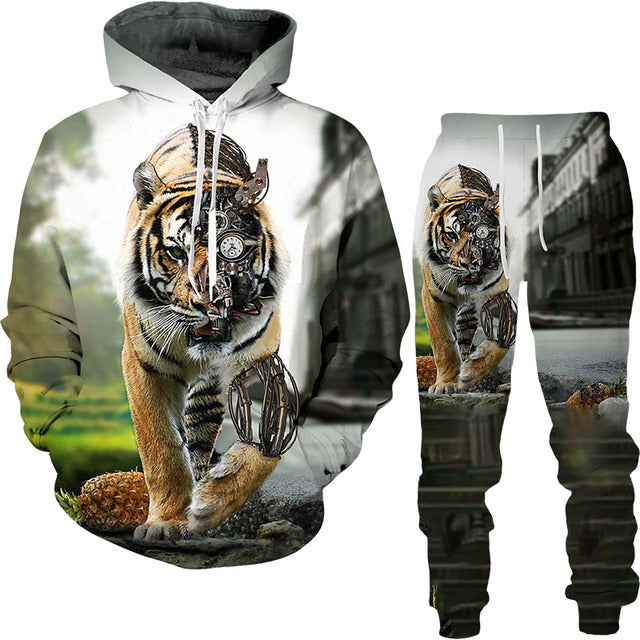 Men's 3D Lion King Print Drawstring Hoodie Sweatshirt + Sweatpants Tracksuit