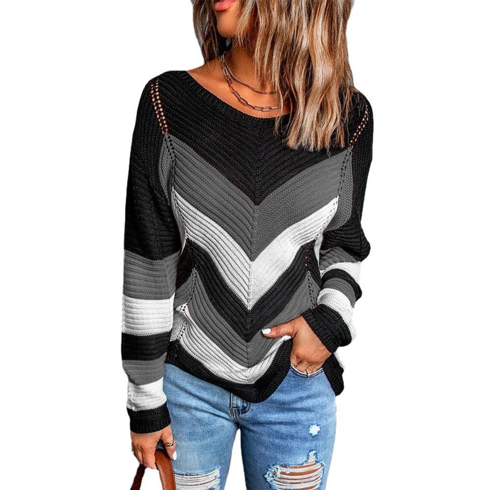 Diagnol Striped Colorblock Pattern Women's Knitted Long Sleeve Sweater to 3X Plus Size