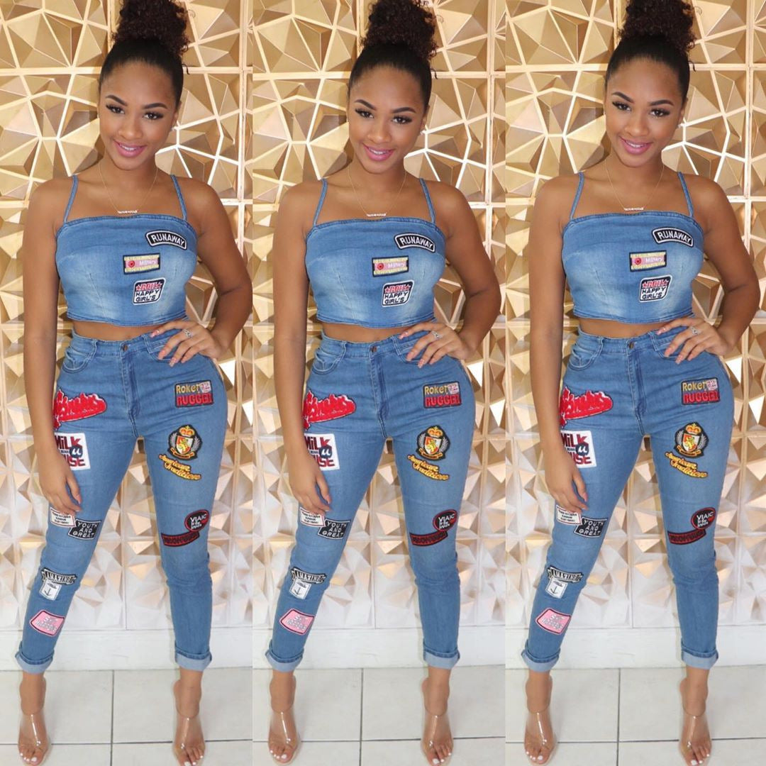 Denim Streetwear Cartoon Patchwork Design Women's Tube Top + Skinny Cuffed Jeans 2-Piece Set