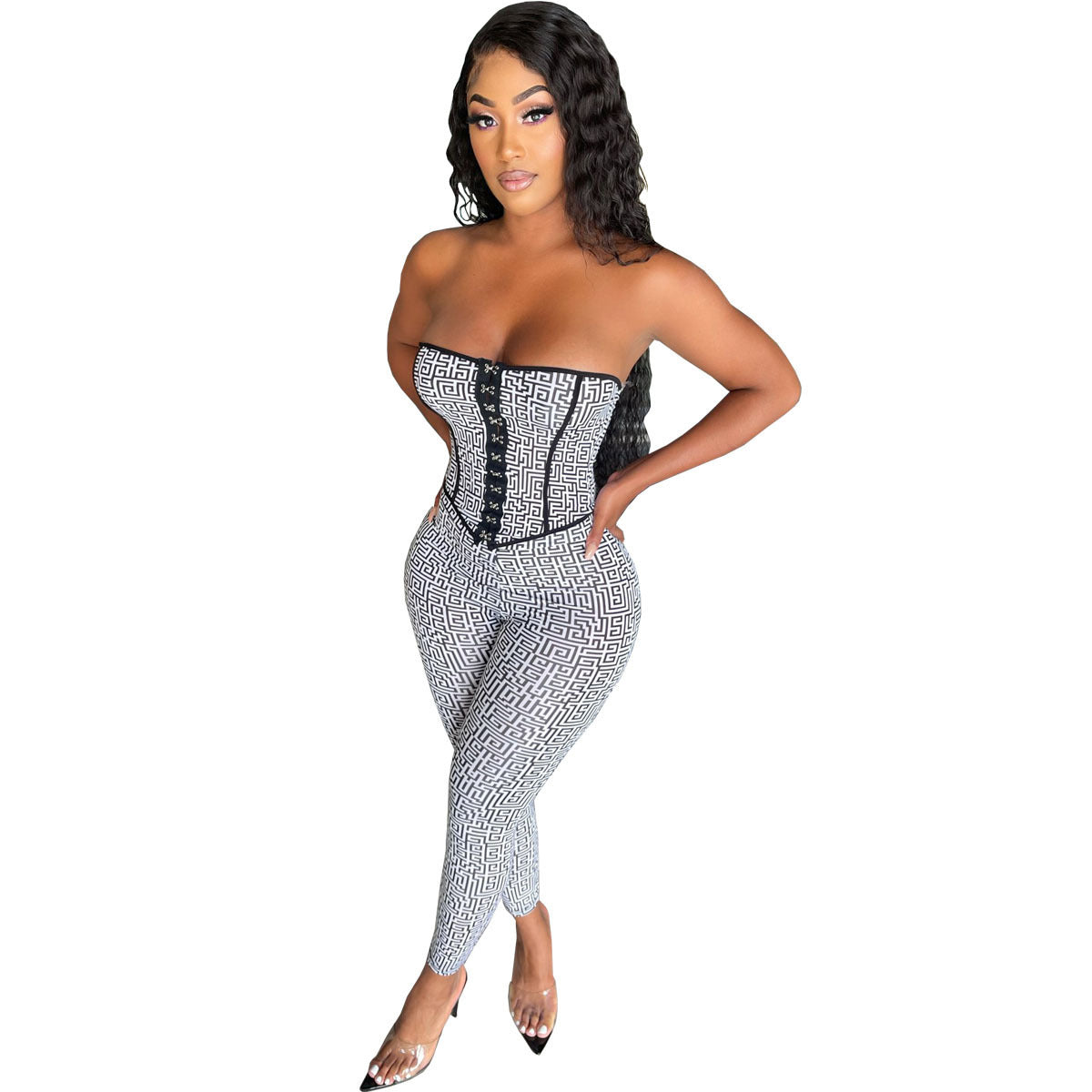 Floral Baroque Sleeveless Tube Corset Top + Women's Skin Tight Leggings 2-Piece Set