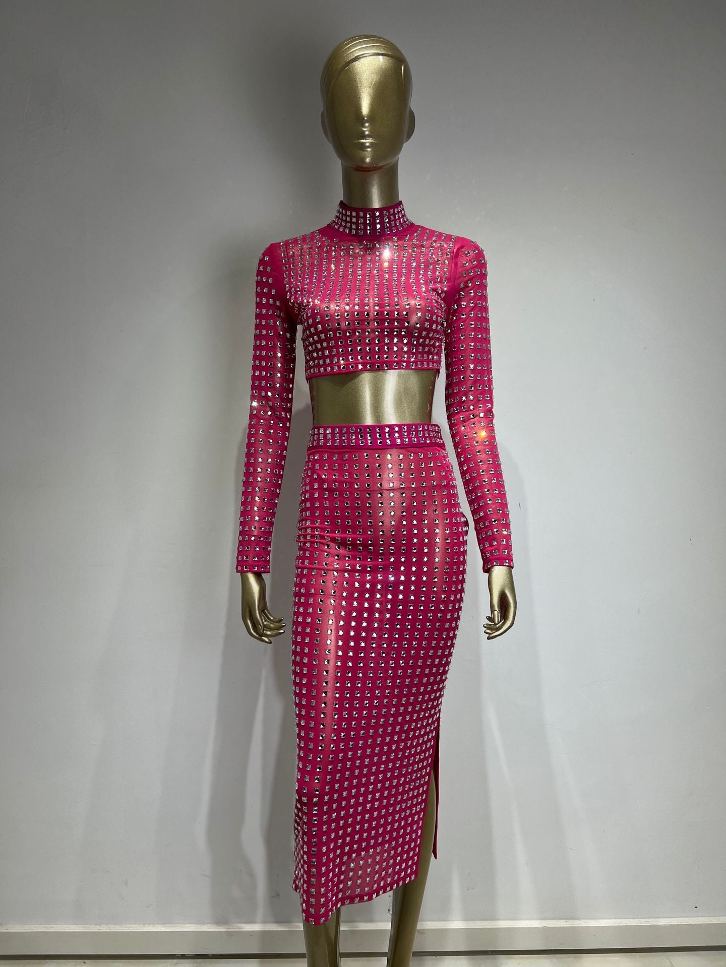 Rivet Embellished O-Neck Women's Long Sleeve Crop Top + Elastic Waist High Slit Skirt 2-Piece Set