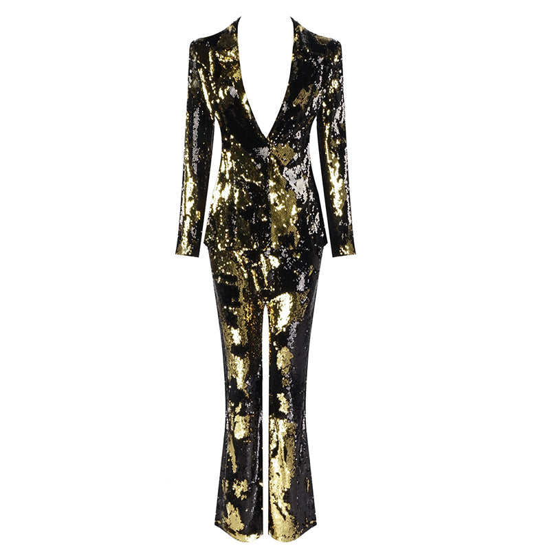 Floral Gold/Black Metallic Sequin Women's Deep V-Neck Tuxedo Blazer Jacket + Flared Leg Pants Formal Suit