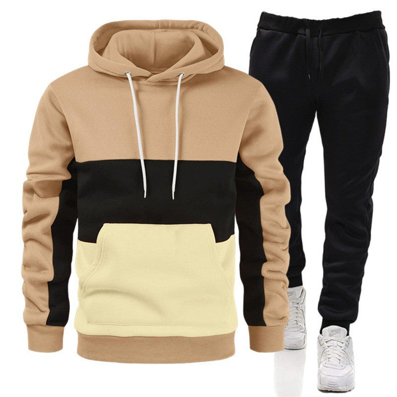 Men's Colorblock Striped Drawstring Hoodie Sweatshirt + Solid Color Jogger Sweatpants Tracksuit to 3X Big & Tall