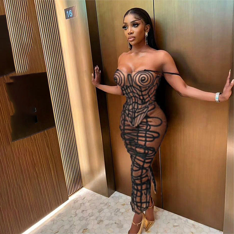 Abstract Striped Design Sheer Transparent Bustier Crop Tank Top + Maxi Skirt 2-Piece Set