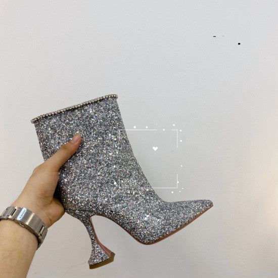 Sparkling Glitter Leather Spiked Heel Pointed Toe Women's Ankle Boots
