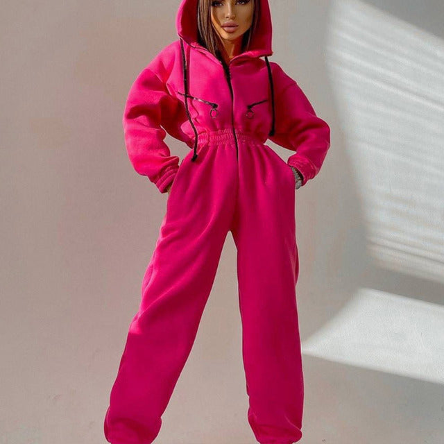 Drawstring Women's Elastic Waist Long Sleeve Hoodie Jumpsuit