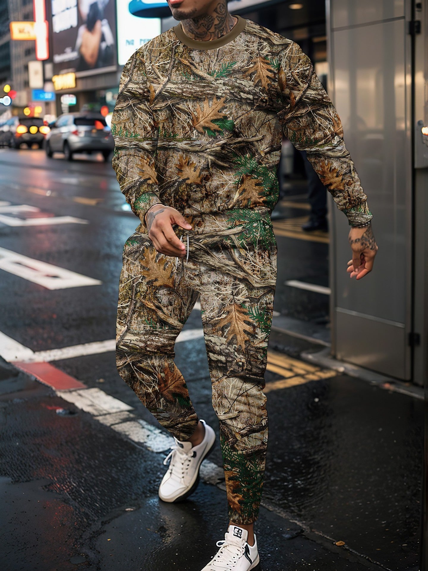 Men's Camo Geometric Fall Leaf Print O-Neck Long Sleeve Sweatshirt + Skinny Jogger Sweatpants Tracksuit to 6X Big & Tall
