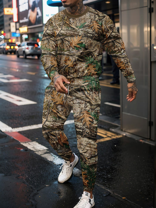 Men's Camo Geometric Fall Leaf Print O-Neck Long Sleeve Sweatshirt + Skinny Jogger Sweatpants Tracksuit to 6X Big & Tall