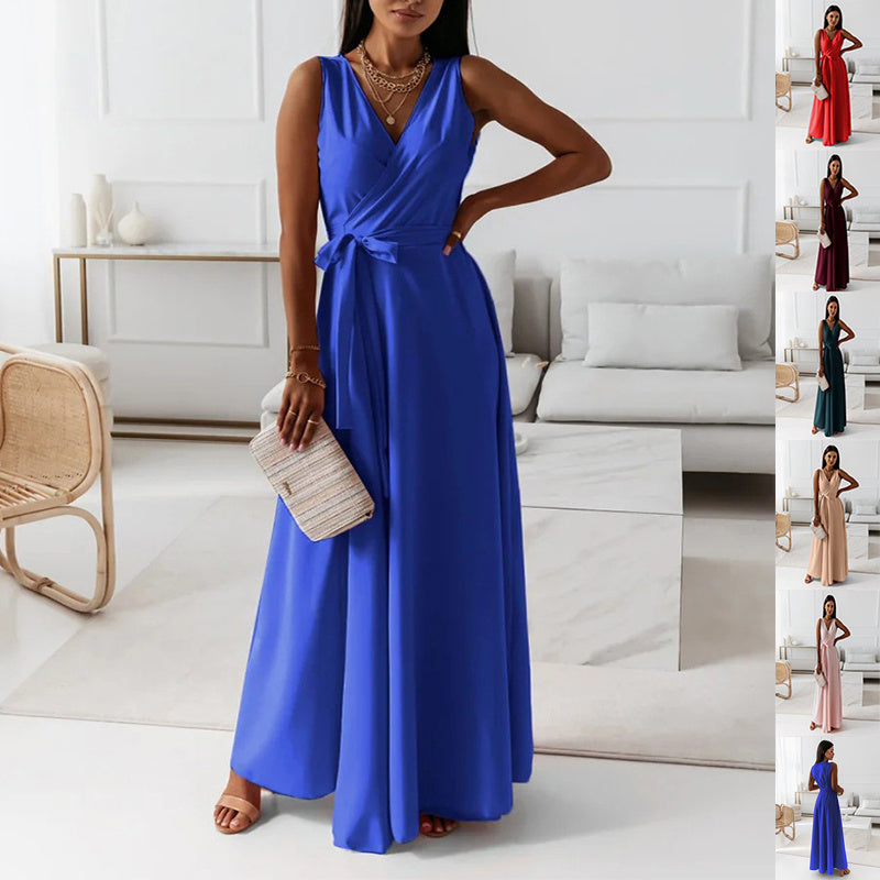 Solid Color V-Neck Sleeveless Belted Party Evening Maxi Wrap Dress