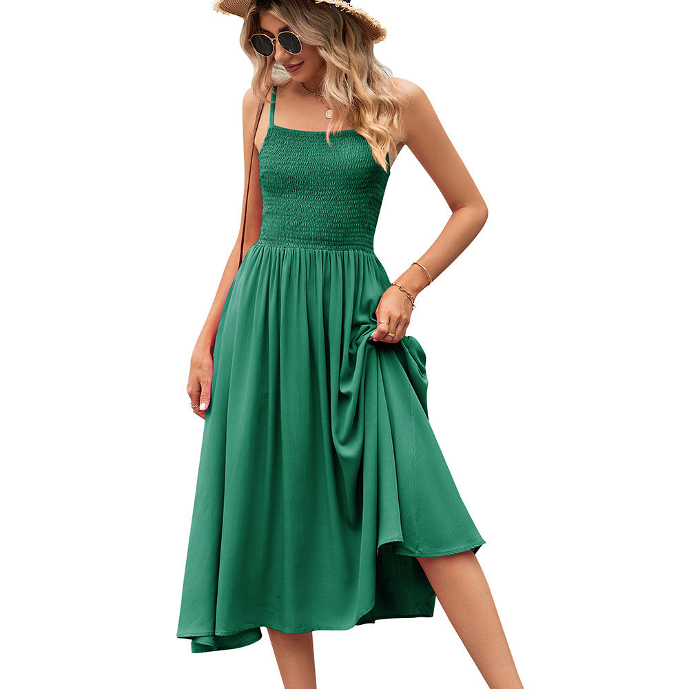Sleeveless Ruched Square Collar Pleated Bohemian Solid Color Spaghetti Strap Midi Dress