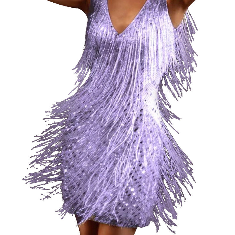 Shaggy Tassel Fringe Design Sleeveless Deep V-Neck Mini Formal Party Dress to 5X Plus Size
