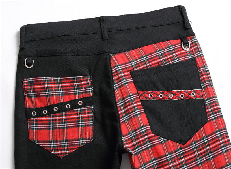 Men's Irregular Plaid Patchwork Black/Red Zipper Design Panelled Colorblock Straight Leg Hip-Hop Skinny Jeans