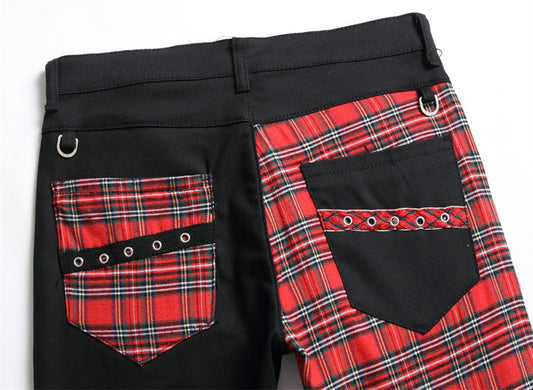 Men's Irregular Plaid Patchwork Black/Red Zipper Design Panelled Colorblock Straight Leg Hip-Hop Skinny Jeans