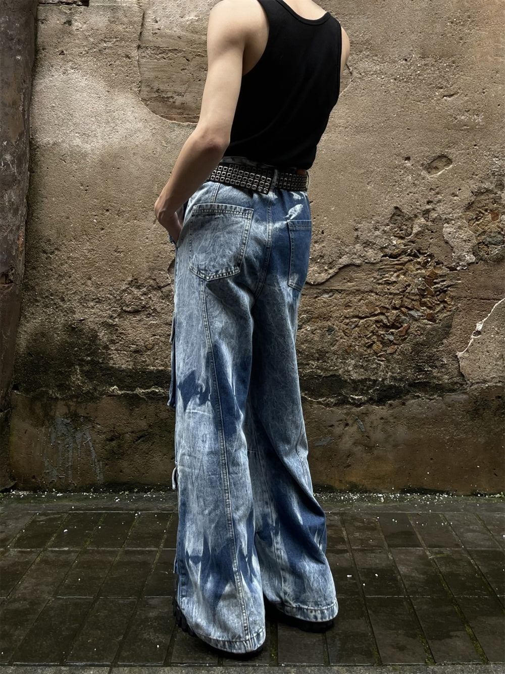 Men's Dark Blue/Grey Tie-Dye Retro Colorblock Baggy Hip-Hop Multi-Pocketed Wide Leg Cargo Jeans