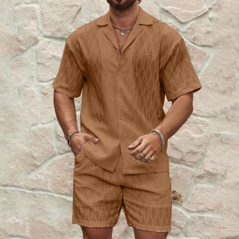 Men's Turn-Down Collar Short Sleeve Solid Color Shirt + Matching Shorts Two-Piece Set