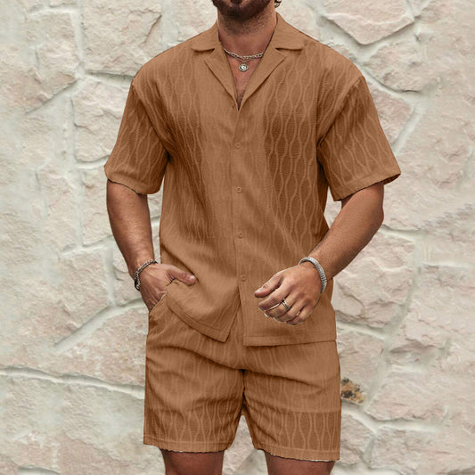 Men's Turn-Down Collar Short Sleeve Solid Color Shirt + Matching Shorts Two-Piece Set