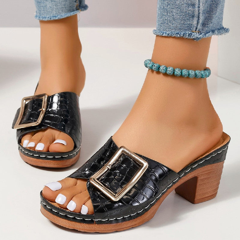 Crocodile Textured Pattern Women's Buckle Square Chunky Heel Peep Toe Sandals