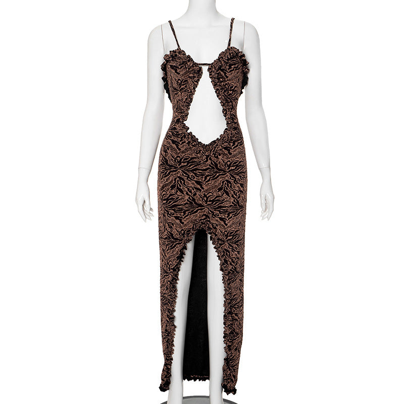 Lace Brown/Black Floral Print Sleeveless Spaghetti Strap Hollow-Out High Slit Backless Maxi Dress