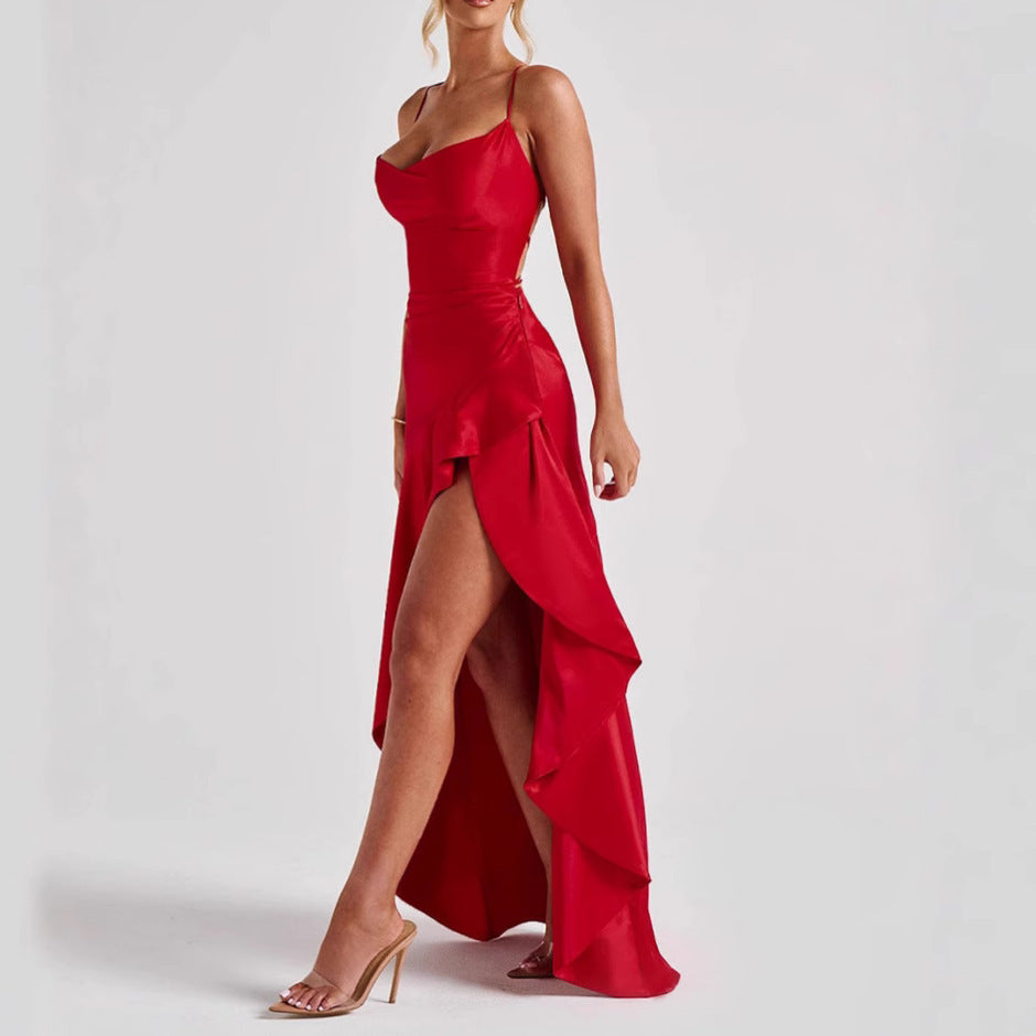 Backless Ruffled Irregular High Slit Solid Color Maxi Formal Party Dress