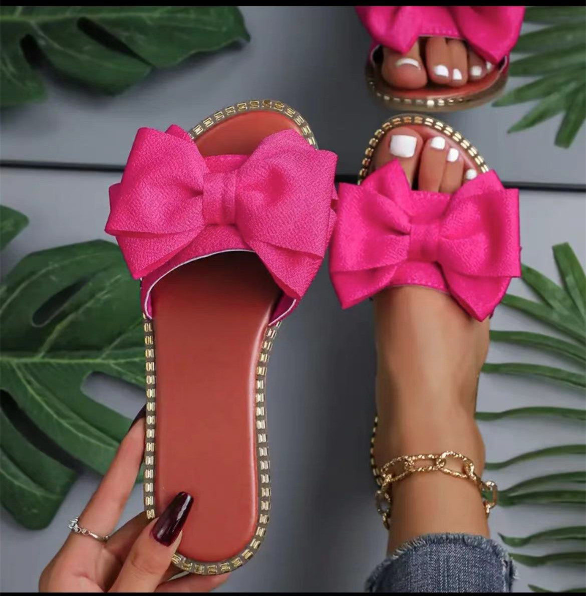 Rhinestone Bowknot Women's Cloth Flat Sandals