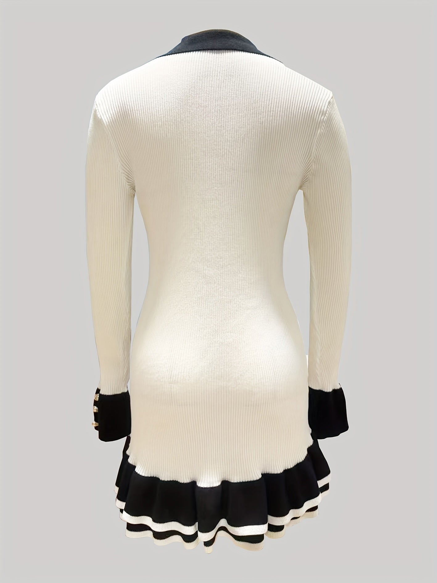 Gold Pearl Button Turn-Down Colorblock Design Long Sleeve Fish Tail Hem Mini Sweater Dress