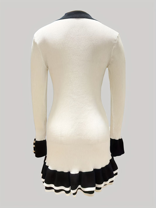 Gold Pearl Button Turn-Down Colorblock Design Long Sleeve Fish Tail Hem Mini Sweater Dress