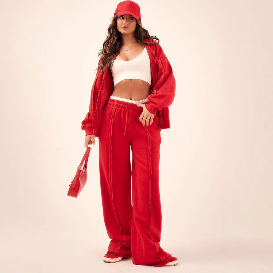 Casual Solid Color Women's Zipper Hoodie Jacket +  Drawstring Pleated Sweatpants Tracksuit