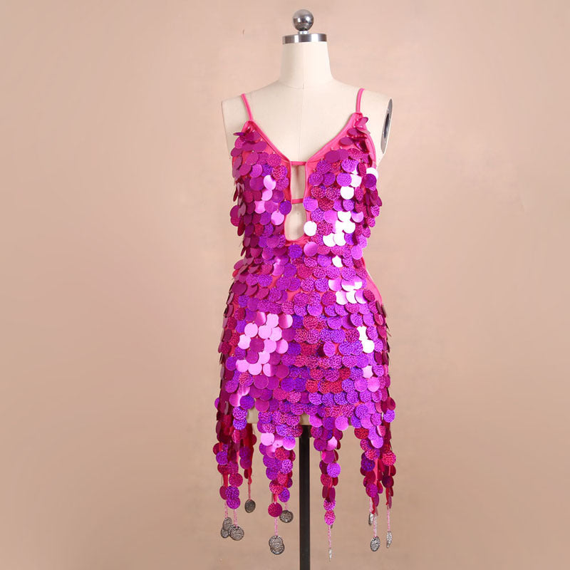 Sleeveless Metallic Sequin Hanging Tassel Design Spaghetti Strap Latin Salsa Dancer Formal Mini Dress