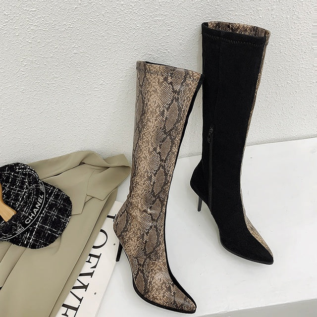Snakeskin Colorblock Print Women's Stiletto Heel Pointed Toe Boots