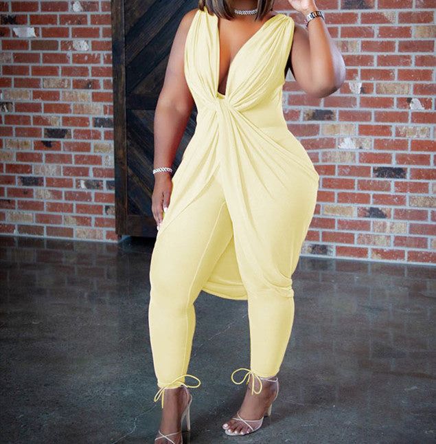 Sleeveless Ruched Milk Silk Deep V-Neck Layered Jumpsuit to 4X Plus Size