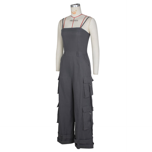 Women's Tube Top Multi-pocket Workwear Wide Leg Jumpsuit