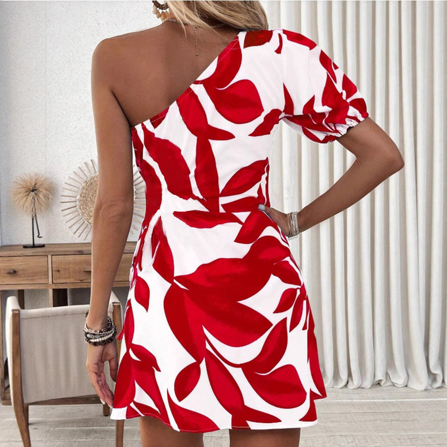 Asymmetrical One Shoulder Red/White Flower Print Mini Dress