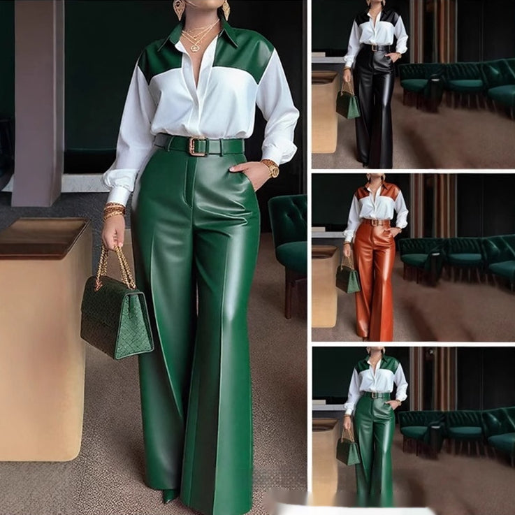 Colorblock Patchwork Women's Long Sleeve Blouse + Wide Leg Leather Pants 2-Piece Set to 3X Plus Size