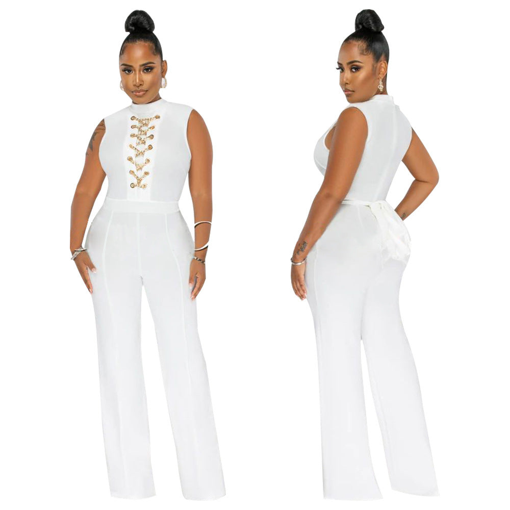 CrissCross Women's Solid Color Sleeveless Stand Collar Round Neck Jumpsuit