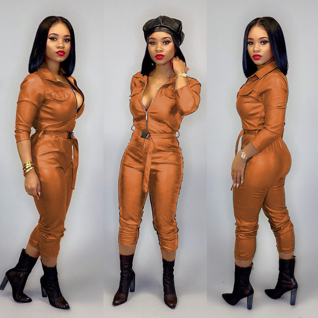 PU Leather Double Pocket Women's Solid Color High Elastic Long Sleeve Turn-Down Collar Zipper Jumpsuit